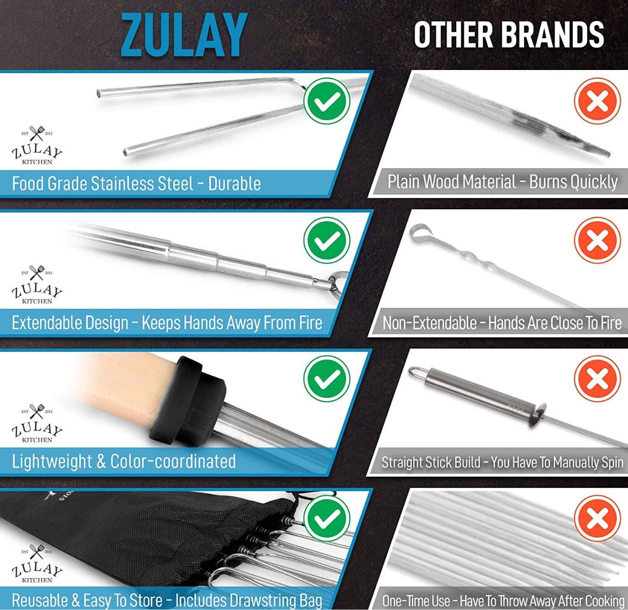 Palitos largos para asar malvaviscos extensibles de 32 pulgadas