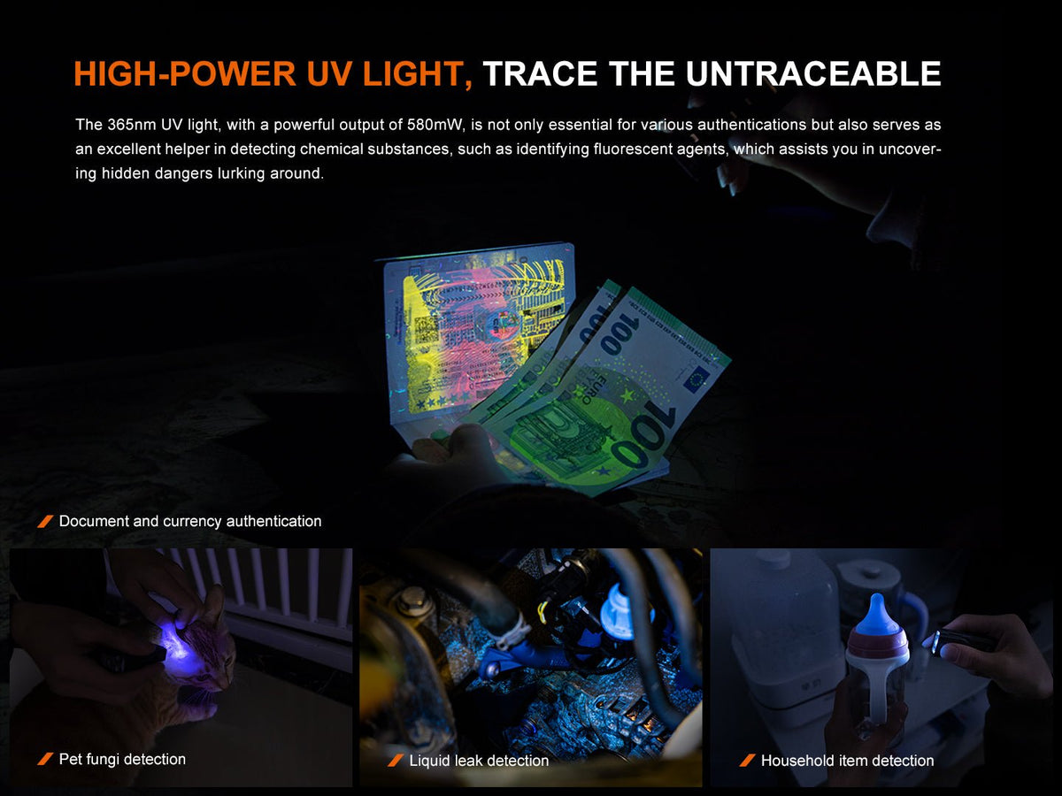 Fenix E06R Keychain Light with White, UV, and Red Laser Lights